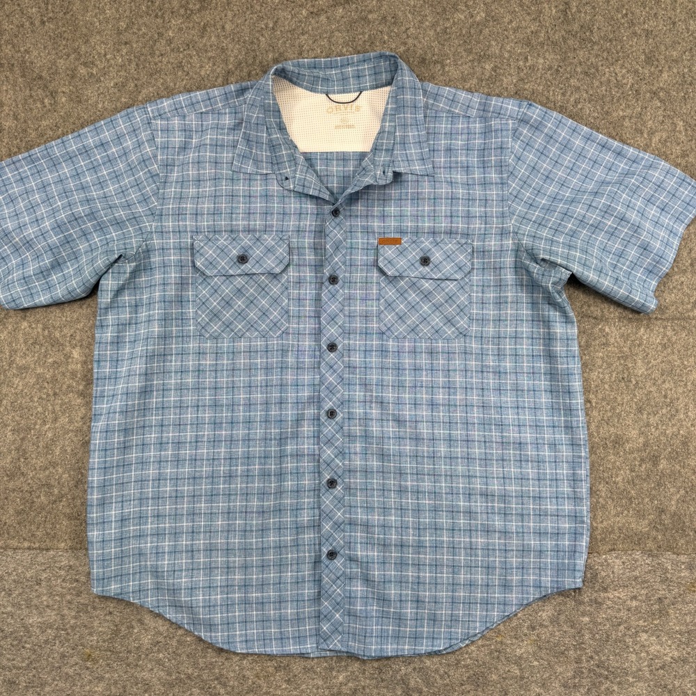 Orvis Button Down Mens XXL Blue Plaid Short Sleeve Mesh Lined Outdoor Shirt